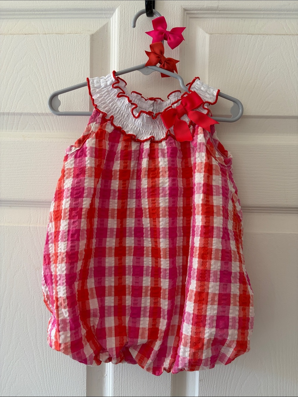 Pink & Red Gingham Baby Bubble Romper with Bow